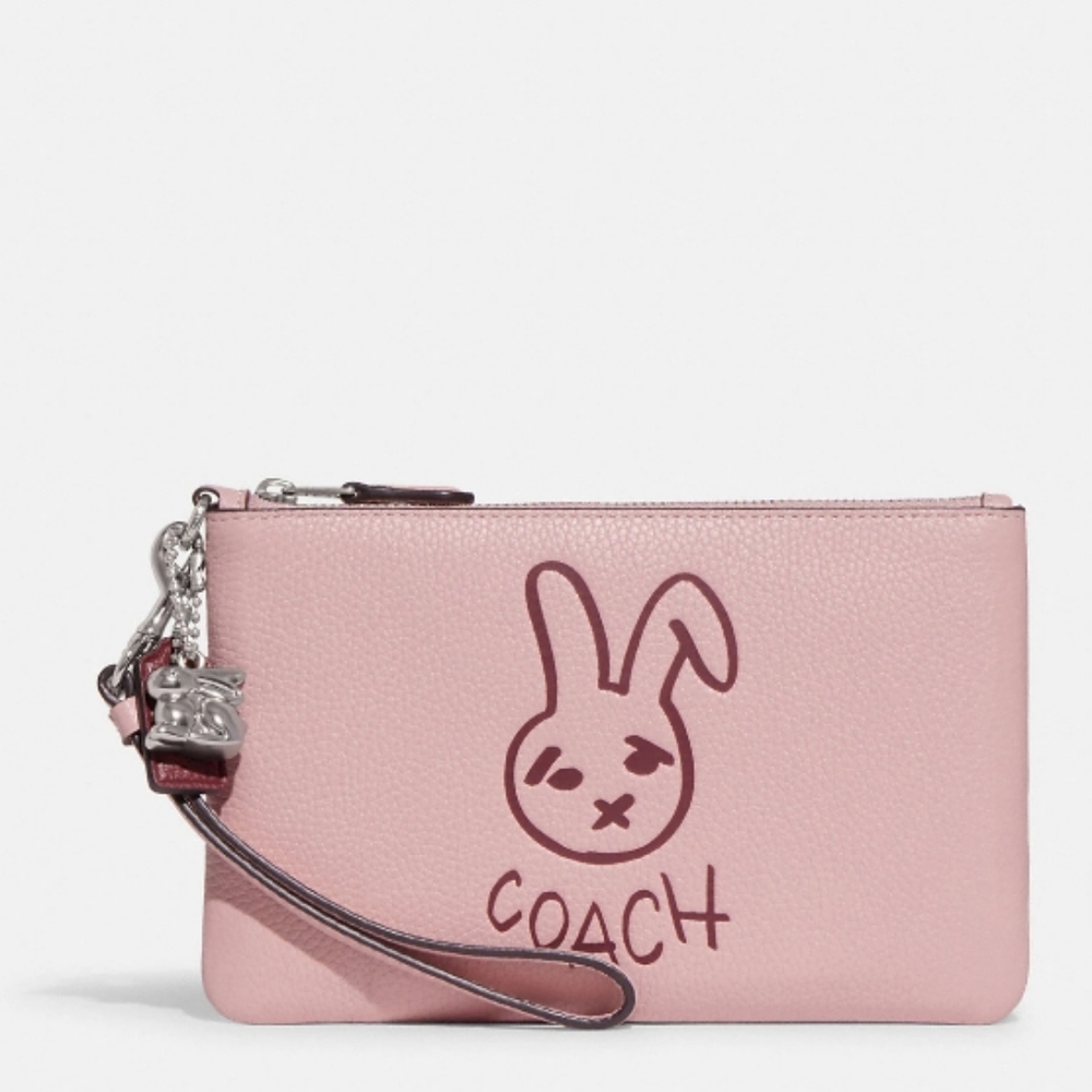 NWT Coach Lunar New Year Small Wristlet Rabbit Graphic Pink Leather Silver Charm
